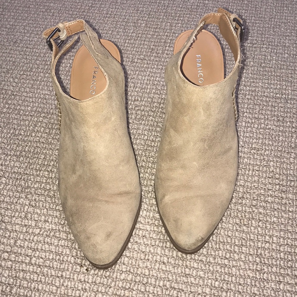Tan suede open back booties